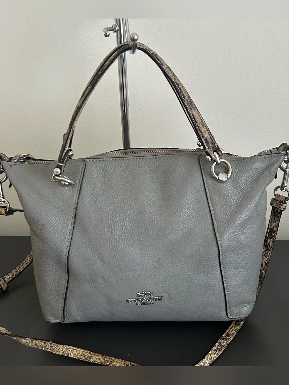 Coach Prairie Satchel Gray Pebbled Leather Crossbody Shoulder Bag Snake Trim